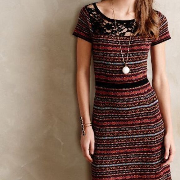 Anthropologie "Fairisle Sweater Dress" Short Sleeve Striped Brown Lace Yoke - Picture 1 of 4
